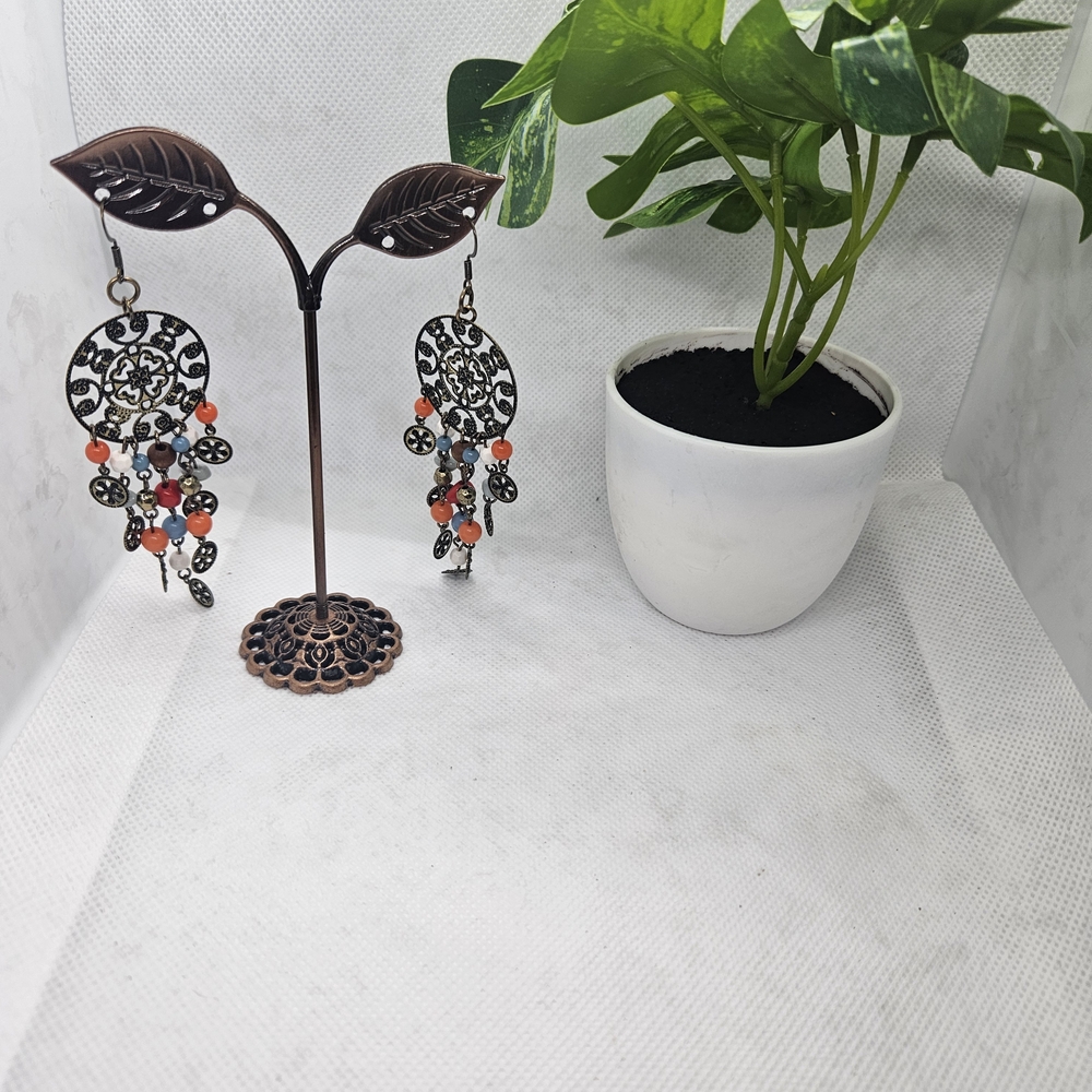 Boho Filigree Dangle Earrings with Coral Beads - Women Jewelry Earrings